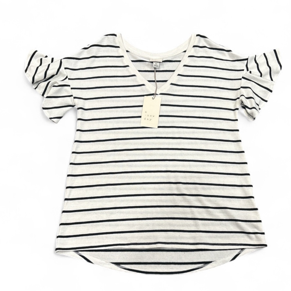 Striped Ruffle Sleeve Blouse - Black and White